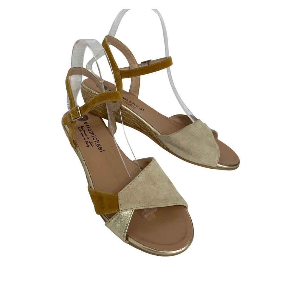 Eric Michael Wedge Sandals Womens 40 Tan Mustard Gold Excellent Espadrille Spain